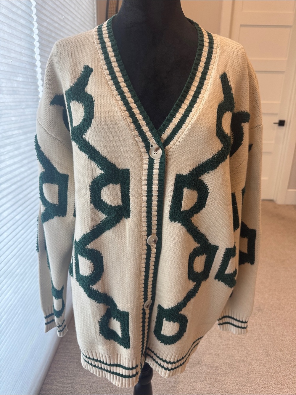 Cream Cardigan with Dark Green Geometric Pattern